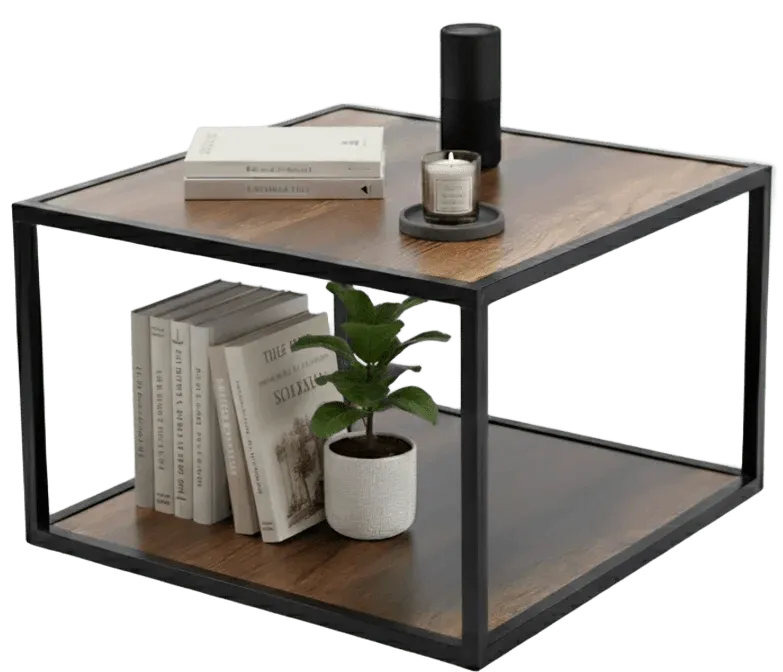 Table basse carrée en bois avec des livres, une plante et une bougie sur le dessus.