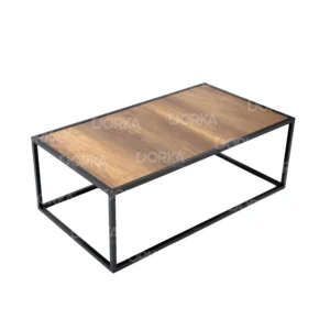 Table basse rectangulaire en aluminium noir mat avec un plaeau en bois mélaminé baroque.