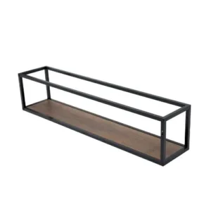 Étagère murale rectangulaire de style industriel, composée d'un cadre fin en aluminium noir mat avec un plateau inférieure en bois mélaminé baroque.