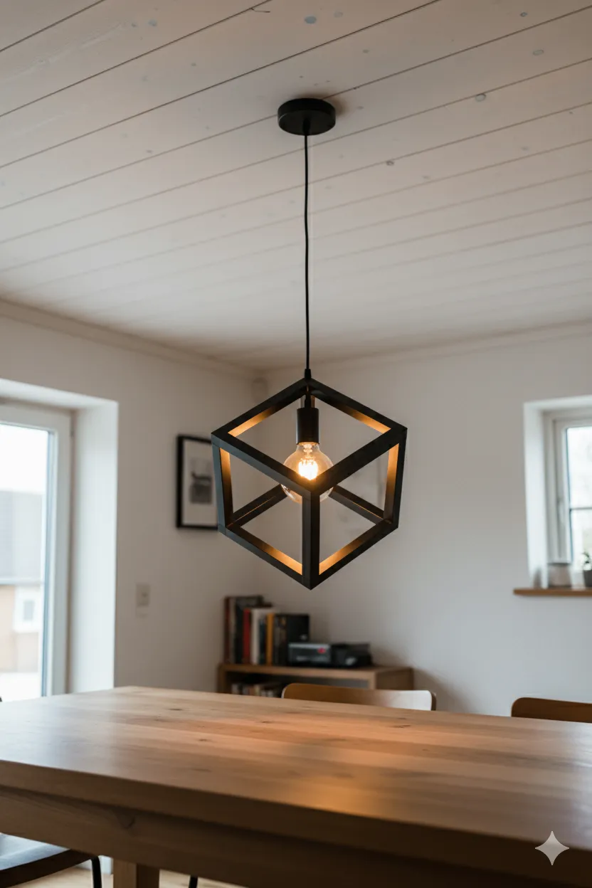Luminaire Cube Suspendu – Éclairage Moderne pour Salon Cube-shaped pendant light illuminated in a modern living room, casting a warm ambient glow.