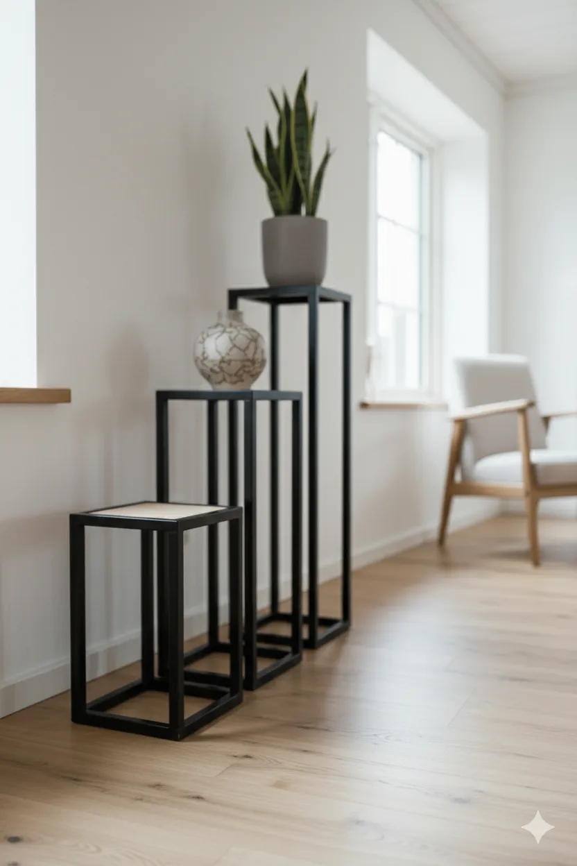 Set de 3 Supports Carrés en Cascade – Décoration Murale Moderne Decorated set of three square wall shelves arranged in a cascading layout, styled with small decorative items.