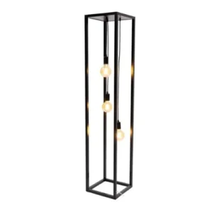 Lampadaire moderne de forme rectangulaire et haute, avec un cadre ouvert en aluminium noir mat. Trois ampoules Edison de style vintage sont suspendues à différentes hauteurs au centre de la structure.