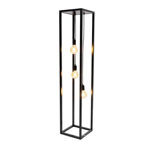 Lampadaire moderne de forme rectangulaire et haute, avec un cadre ouvert en aluminium noir mat. Trois ampoules Edison de style vintage sont suspendues à différentes hauteurs au centre de la structure.