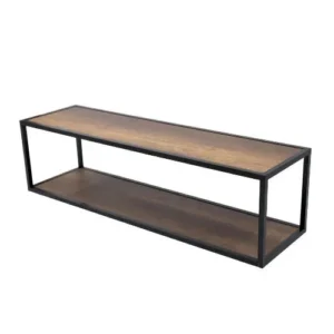 Meuble TV flottant rectangulaire de style industriel avec une structure enaluminium noir mat et deux plateaux en bois mélaminé Baroque.