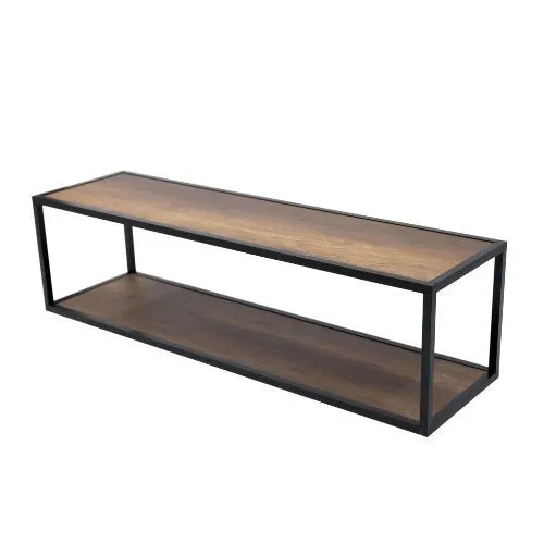 Meuble TV flottant rectangulaire de style industriel avec une structure enaluminium noir mat et deux plateaux en bois mélaminé Baroque.