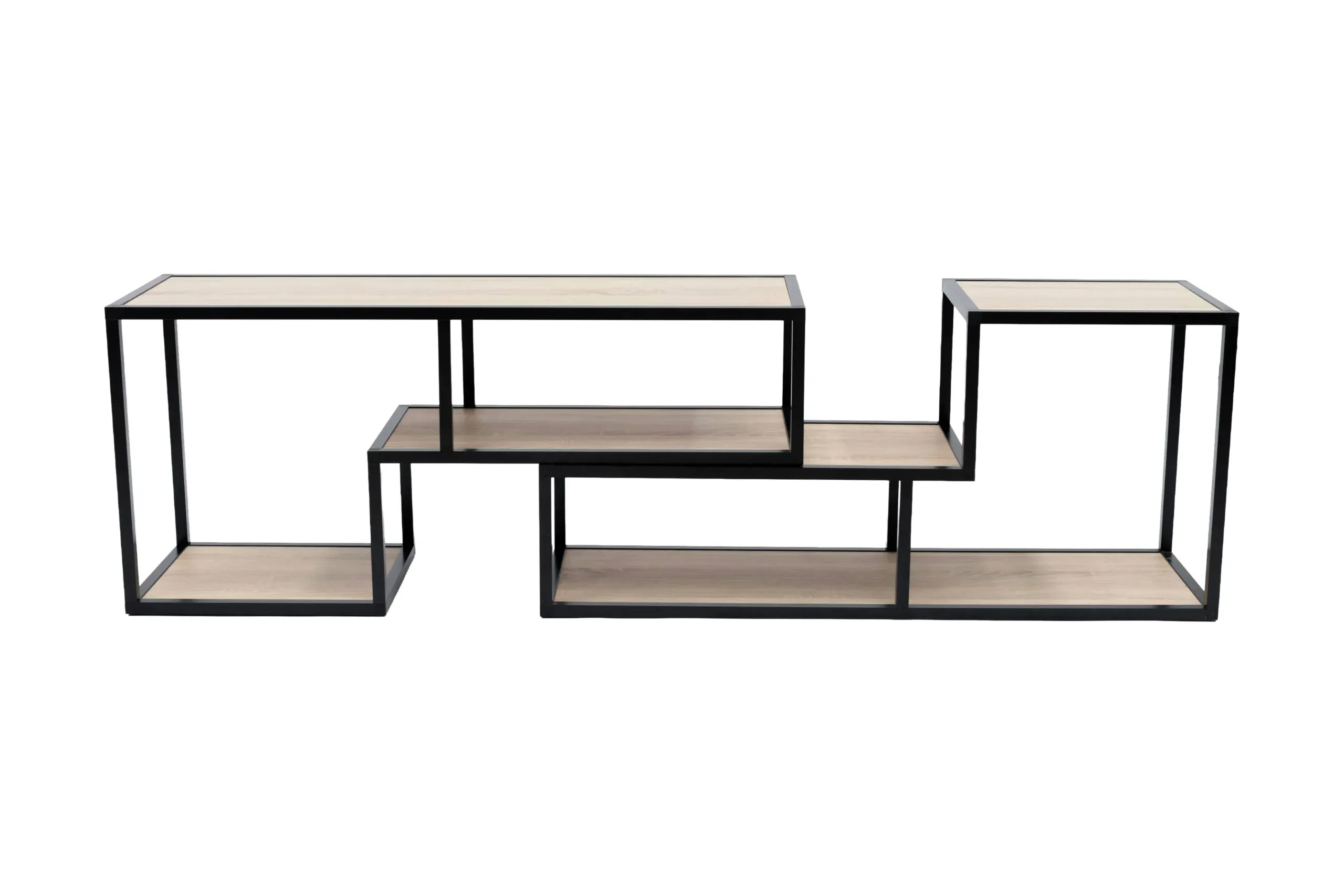 Meuble TV rallonge moderne et modulable avec 6 plateaux mélaminé Sonoma, soutenu par une structure géométrique en tubes carrés aluminium noir mat.