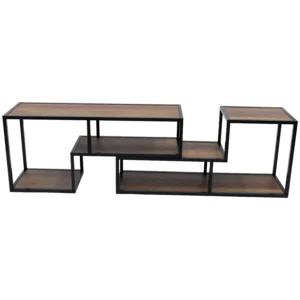 Meuble TV rallonge moderne et modulable avec 6 plateaux mélaminé Broque, soutenu par une structure géométrique en tubes carrés aluminium noir mat.