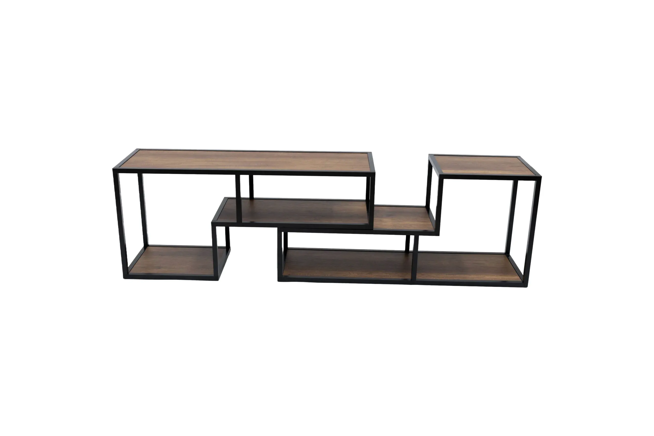 Meuble TV rallonge moderne et modulable avec 6 plateaux mélaminé Broque, soutenu par une structure géométrique en tubes carrés aluminium noir mat.