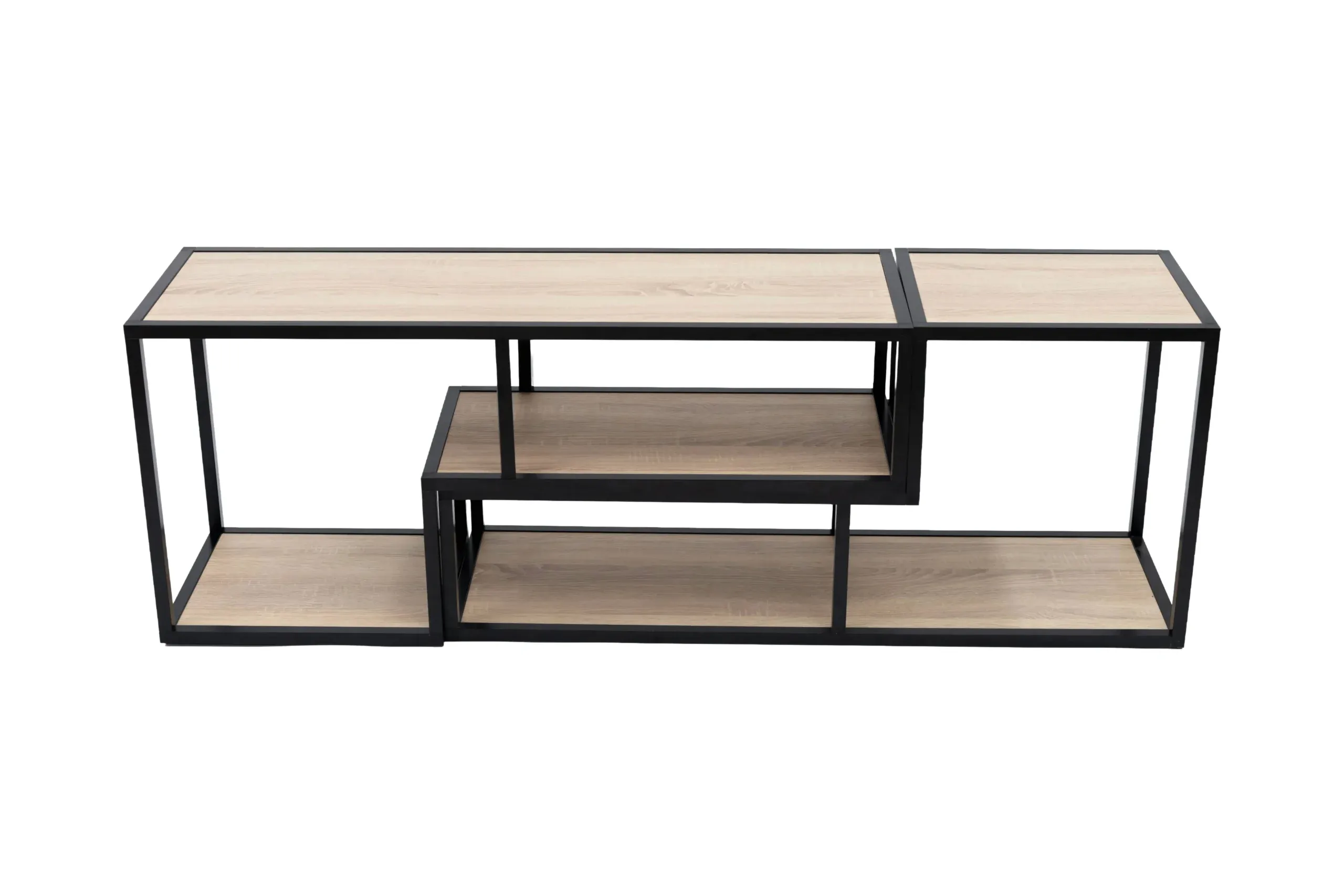 Meuble TV rallonge moderne et modulable avec 6 plateaux mélaminé Sonoma, soutenu par une structure géométrique en tubes carrés aluminium noir mat.