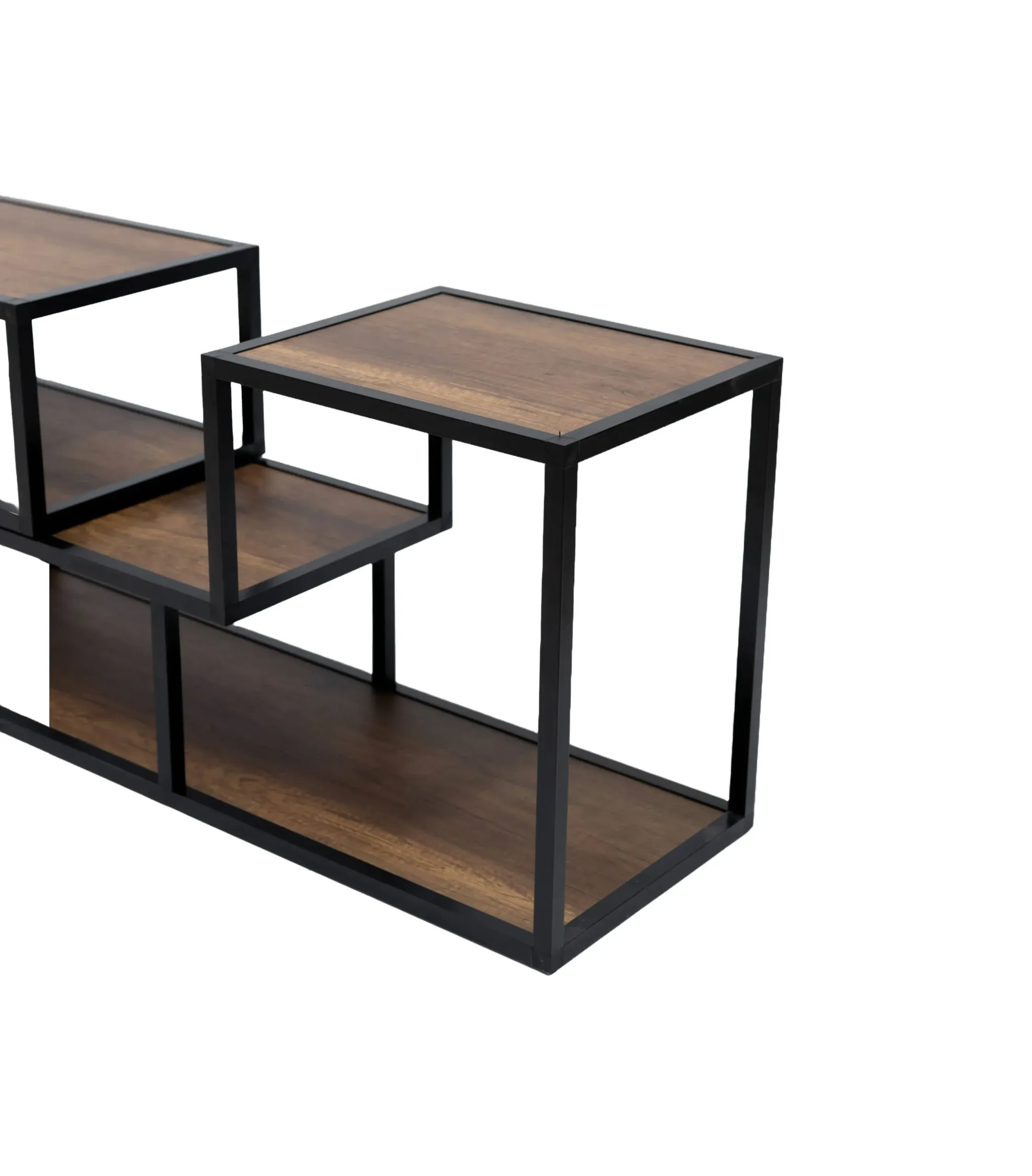 Zoom sur la finition : plateau en mélaminé effet bois foncé Baroque encadré par des tubes en aluminium noir mat.