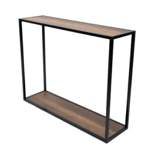 Table console de style industriel minimaliste avec deuble long plateaux rectangulaire en bois mélaminé Baroque et une structure fine enaluminium noir mat formant un cadre ouvert.