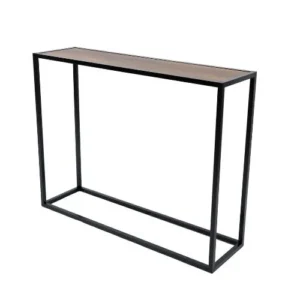 Table console de style industriel minimaliste avec un long plateau rectangulaire en bois mélaminé Baroque et une structure fine enaluminium noir mat formant un cadre ouvert.