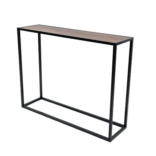 Table console de style industriel minimaliste avec un long plateau rectangulaire en bois mélaminé Baroque et une structure fine enaluminium noir mat formant un cadre ouvert.